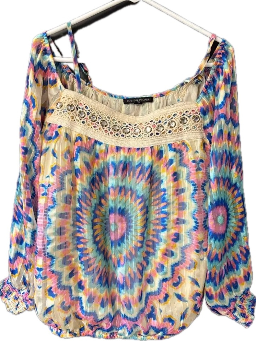 Boston Proper Cream Multicolor Boho Peasant Top